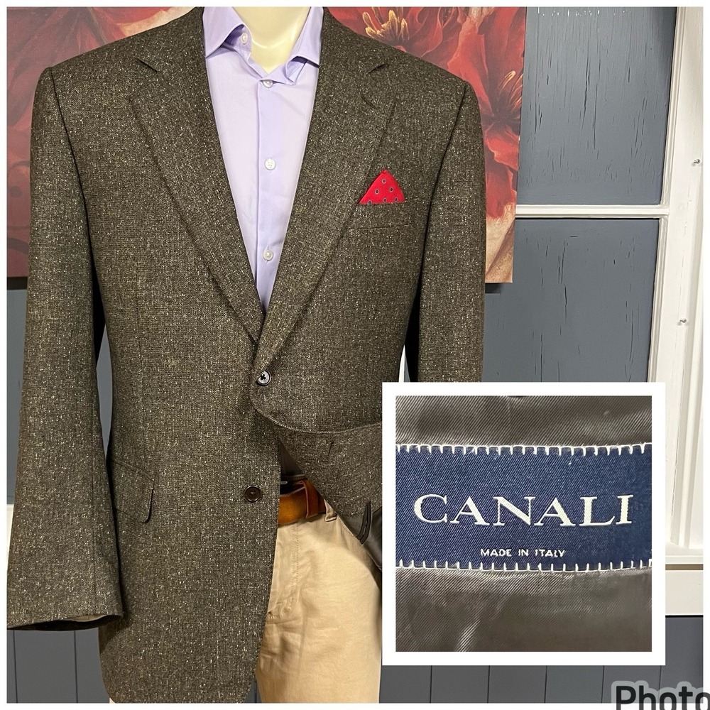 Canali Wool Silk Blazer Sport Coat Mens 46L Long Slim Fit Olive Green/Brown